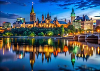 Obraz premium Captivating Nightscape of Downtown Ottawa, Canada: Illuminated Buildings, Reflections on the Water, and Vibrant City Life in a Stunning Nighttime Atmosphere