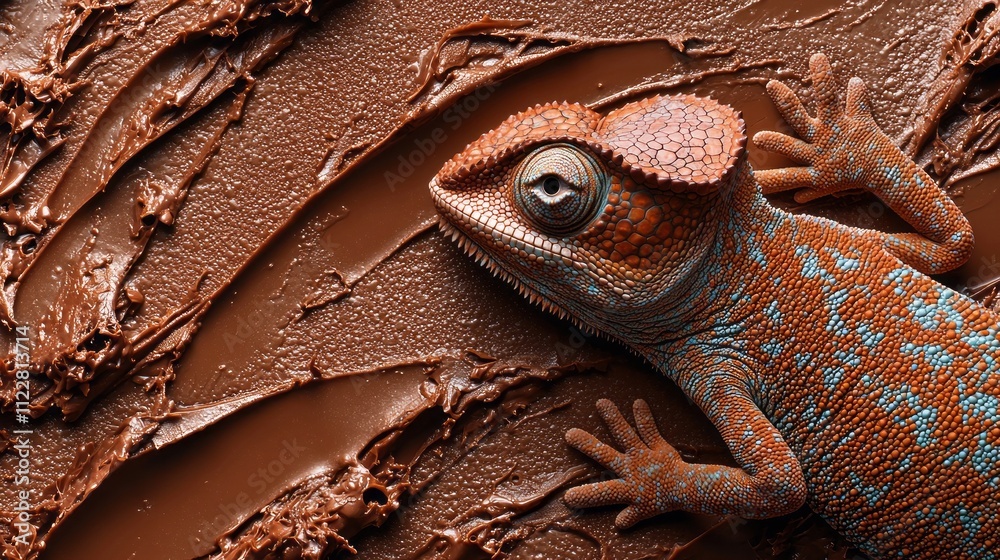 Poster A chameleon showcases its stunning colors as it blends with a luxurious mocha texture, creating a mesmerizing visual experience