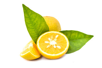 Background from sweet fresh whole and halves of orange fruits with green leaves.cut Collection of...