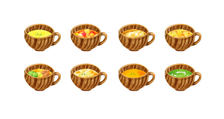 スープ＆ポタージュ8種類セット　料理・食べ物の手描き水彩イラスト素材