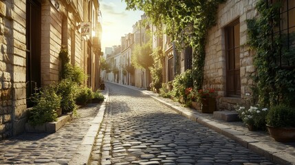 Fototapeta premium A cobblestone city street with a vertical mockup banner, ideal for urban-style advertisements