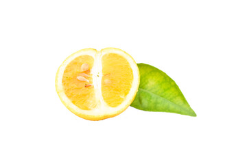 Background from sweet fresh whole and halves of orange fruits with green leaves.cut Collection of...