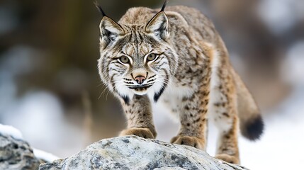 Obraz premium Eurasian Lynx Stalking on SnowCovered Rocky Terrain in Winter Wilderness : Generative AI