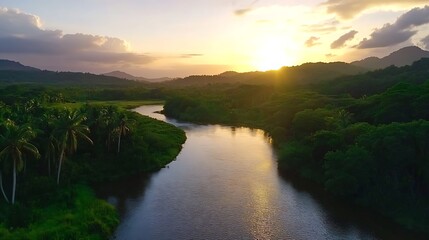 Serene Tropical River at Sunset with Lush Greenery and Distant Mountains : Generative AI