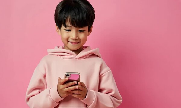 Zoom sur gar&ccedil;on asiatique en sweat &agrave; capuche rose regardant un smartphone sur fond rose avec espace n&eacute;gatif copyspace, portrait enfantin, usage du t&eacute;l&eacute;phone mobile, &eacute;cran, technologie et communication