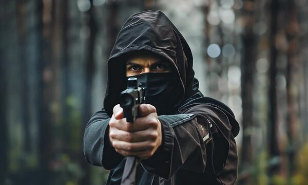 Personne encapuchonn&eacute;e pointant un pistolet vers l&rsquo;objectif dans une for&ecirc;t sombre, visage partiellement couvert, sc&egrave;ne de menace arm&eacute;e en ext&eacute;rieur, tension, danger, crime et violence