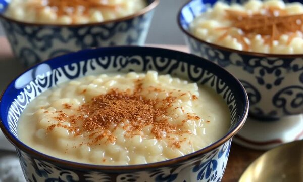 Bols de riz au lait cr&eacute;meux avec cannelle en poudre, dessert traditionnel servi dans de la vaisselle d&eacute;cor&eacute;e, gros plan gourmand sur entremets maison, douceur sucr&eacute;e et cuisine familiale
