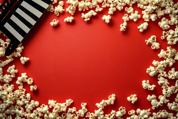 Popcorn and a movie clapperboard on a red backdrop and blank space. Generative Ai