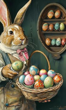 Lapin de P&acirc;ques tenant un panier d&rsquo;&oelig;ufs color&eacute;s avec costume et n&oelig;ud papillon, l&eacute;ger zoom sur sc&egrave;ne pascale vintage avec &oelig;ufs d&eacute;cor&eacute;s, tradition de P&acirc;ques, printemps et chasse aux &oelig;ufs