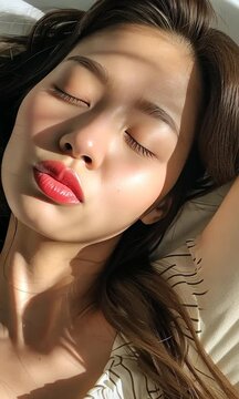 Gros plan sur femme allong&eacute;e aux yeux ferm&eacute;s avec rouge &agrave; l&egrave;vres corail, peau lumineuse et lumi&egrave;re naturelle sur le visage, portrait beaut&eacute;, soin du visage, maquillage, d&eacute;tente et bien-&ecirc;tre