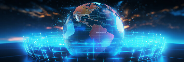 Dynamic digital infographic, rotating globe graphs and statistics, real-time global financial data, analytics in motion