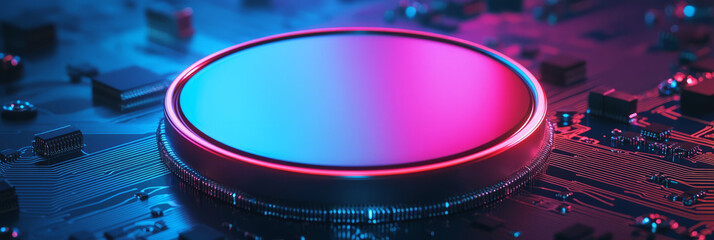 abstract tech background with neon-lit circuit boards, wires, and microchips, set against a dark, gradient blue background.