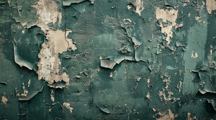 Aged dark green concrete wall with peeling paint, vintage feel, high detail.