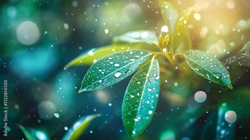 Poster Vibrant leaves with sparkling raindrops in a serene and refreshing natural setting : Generative AI