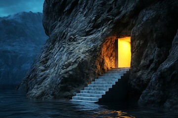 Crystal-clear water laps at the mouth of a cavernous arch carved into the rugged cliffside