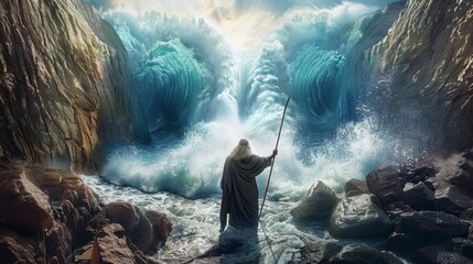 Obraz premium Moses with staff as divine light illuminates the parting of the yam suph waters in miraculous scene