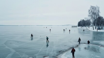 Ice skaters glide across a vast frozen lake beneath a pale winter sky, capturing the essence of playful freedom and crisp serenity.