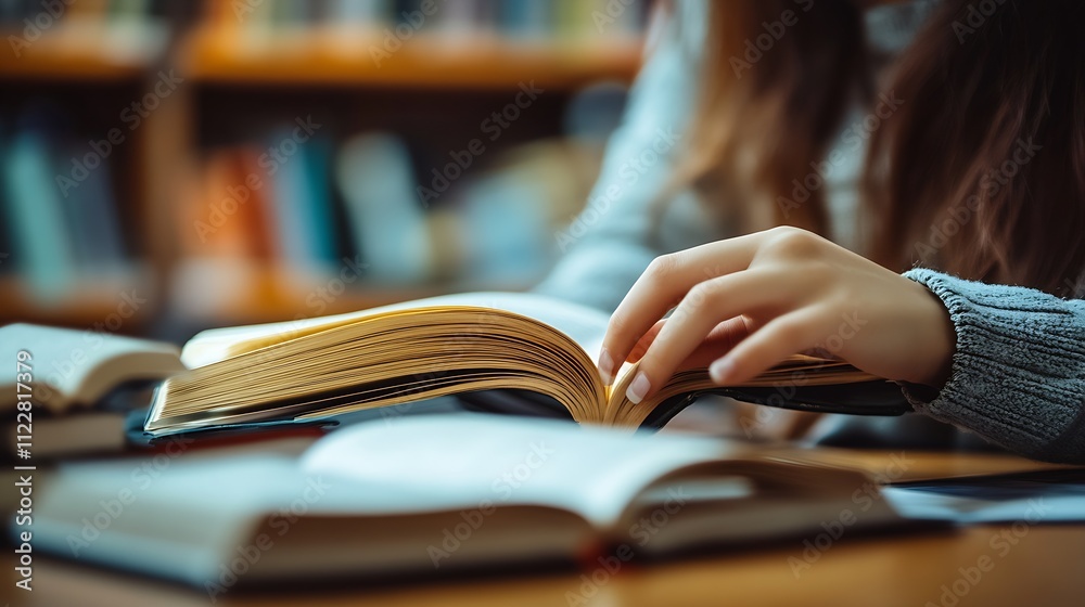 Poster Closeup of Woman Reading a Book in Library Setting with Soft Focus Background : Generative AI