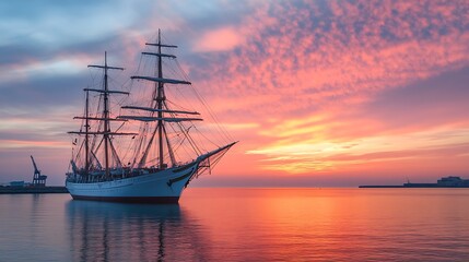 Obraz premium Elegant Schooner Against Vibrant Sunset Over Tranquil Harbor Waters : Generative AI