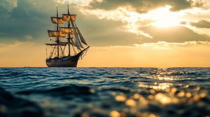 Spectacular Tall Ship with Billowing Sails on Ocean at Dramatic Sunset : Generative AI