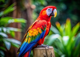 Obraz premium Captivating Scarlet Macaw Perched on Rustic Wooden Stand with Vibrant Feathers in Macro Photography, Showcasing Nature's Beauty and Intricate Details of Colorful Bird Life