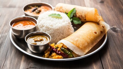 Delicious South Indian meal with dosa, rice, and sambar.