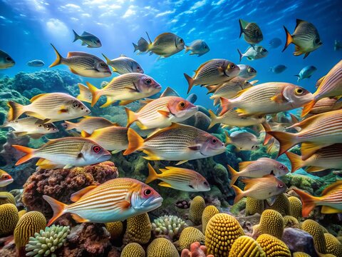 Captivating School of Longnosed Emperor Fish Swimming Near Coral Reef at Bon Island, Andaman Sea, Thailand | Underwater Marine Life Behavior and Minimalist Photography