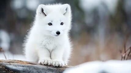 Obraz premium Cute Arctic Fox Kit Standing Alert on a Snowy Log in a Winter Wonderland : Generative AI
