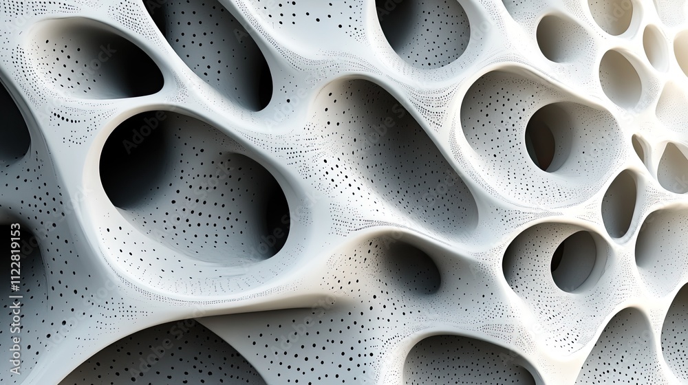 Fototapete abstract 3d rendering of a porous, organic structure with varying sized holes and textures.