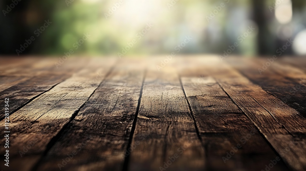 Poster rustic wooden floor boards with blurred nature background perfect for textured backdrops : generativ