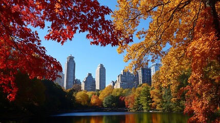 Obraz premium Autumn Cityscape with Colorful Foliage and Reflections in Pond Central Park New York : Generative AI