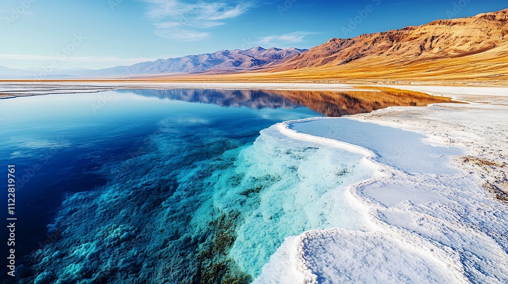 Poster serene reflection of mountains in clear lake at sunset : generative ai