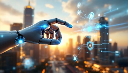 Fototapeta premium robotic hand interacting with holographic security symbols and digital coin graphics