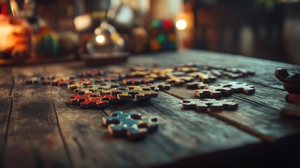 Naklejka premium Colorful Jigsaw Puzzle Pieces Scattered on Rustic Wooden Table with Warm Ambient Lighting
