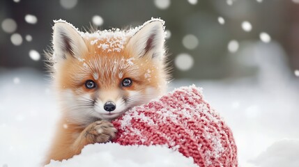 Obraz premium Cute Young Red Fox Playfully Hiding Behind a Knitted Red Scarf in Snow : Generative AI