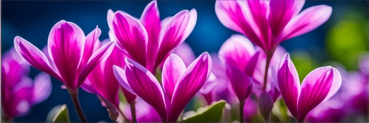 A banner with cyclamen colors on a background of blue bokeh effect.