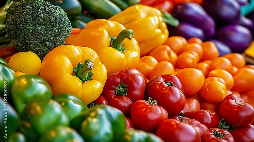 Poster vibrant fresh colorful vegetables display with broccoli peppers and tomatoes at the market : generat