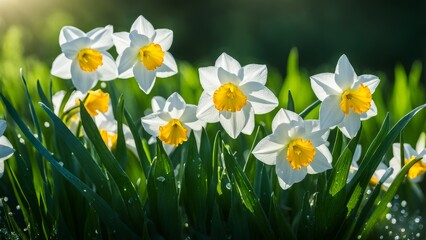 A field with daffodils on a contrasting background to highlight the petals. A bright banner with space for text in the bokeh style.