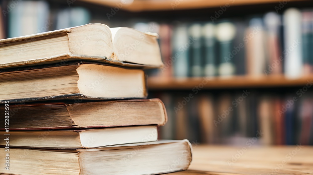 Poster Stack of Old Books in a Vintage Library Setting with Bookshelves : Generative AI