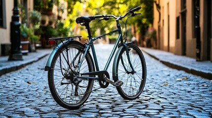 Fototapeta premium Elegant Blue Bicycle on Cobblestone Street in Vibrant Summer Light : Generative AI