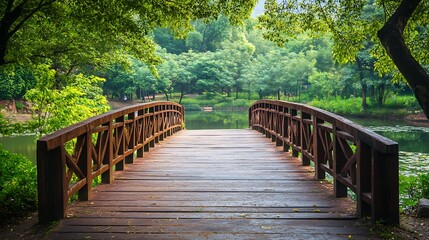 Fototapeta premium Rustic Wood Footbridge Over Tranquil Lake in Lush Forest Setting : Generative AI