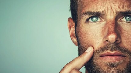 Fototapeta premium Pensive man with hand on chin, thoughtful expression.