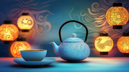 Fototapeta premium Serene Tea Ceremony with Illuminated Lanterns