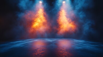 Obraz premium Dramatic Stage with Dual Intense Orange Smoke Under Blue Lighting for Theater or Concert Backdrop : Generative AI