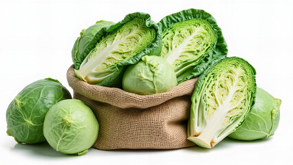 Fototapeta premium Fresh Green Cabbage with Burlap Sack 
