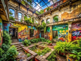 Naklejka premium Captivating Urban Exploration Photography Highlighting Background Elements of Abandoned Buildings, Graffiti Art, and Decaying Infrastructure in an Urban Environment