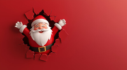 3D cartoon of a happy Santa Claus breaking through a wall with a hole in it, against a simple background, with a matte finish, in a minimalistic, cute, and adorable style. 