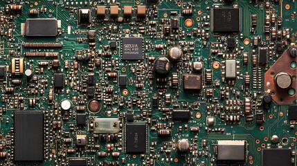Intricate View of Dense Circuit Board with Multiple Electronic Components : Generative AI