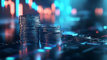 Stacked coins in futuristic digital financial market with glowing data charts and technology interface : Generative AI