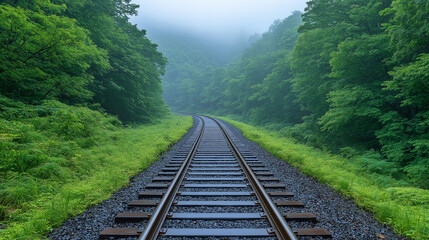 Obraz premium Photograph of train tracks leading into the distance, surrounded by green forest, foggy weather